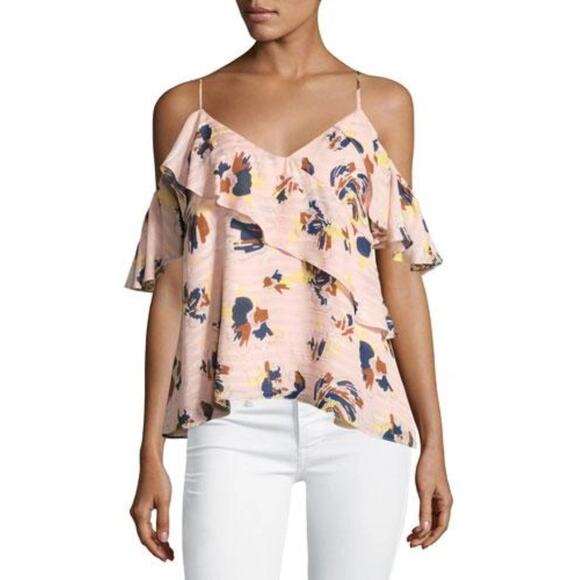 TANYA TAYLOR Chiara Silk Cold Shoulder Top Womens 4 Pink Abstract Floral Ruffle - Picture 1 of 16